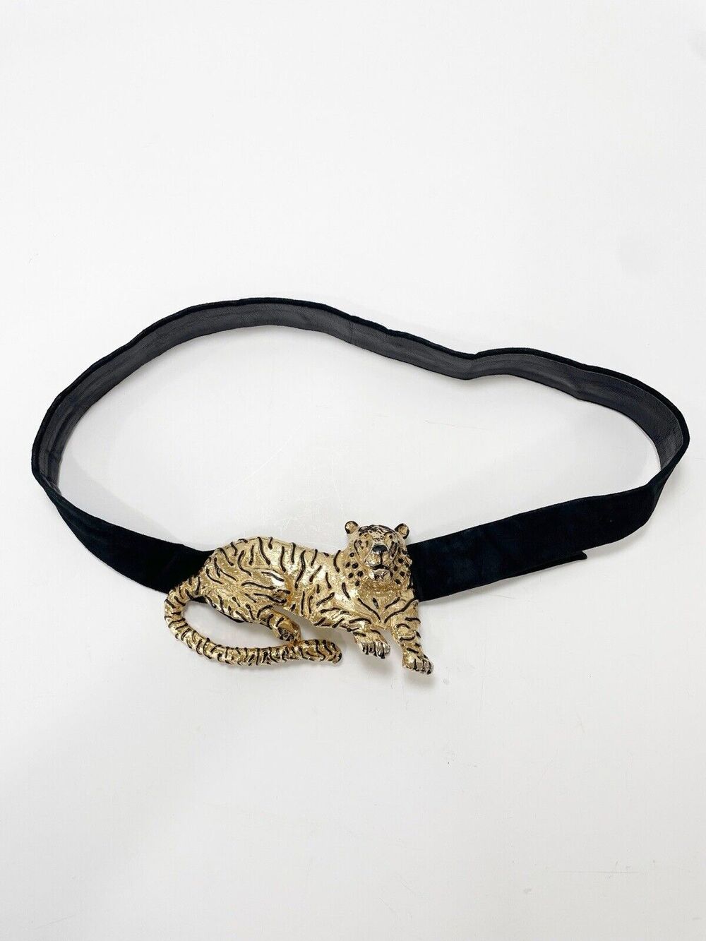 Mimi Di 1987 Gold Tiger Belt Black Leather Suede Vintage Adjustable 31"